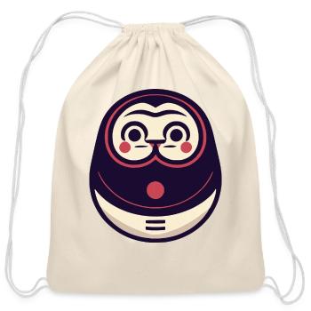 Kawaii Cat Face Daruma Doll - Cotton Drawstring Bag - natural - Front