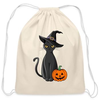 Midnight Witch Cat and Pumpkin - Cotton Drawstring Bag - natural - Front