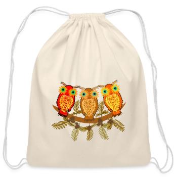 Three colorful owls with pine tree branches - Cotton Drawstring Bag - natural - Front