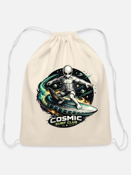 Cosmic Surf Club Alien Surfer - Cotton Drawstring Bag - natural