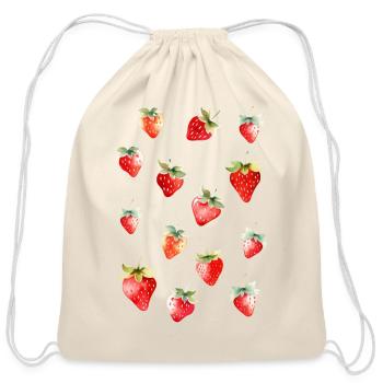 Cute Watercolor Strawberry Pattern - Cotton Drawstring Bag - natural - Front