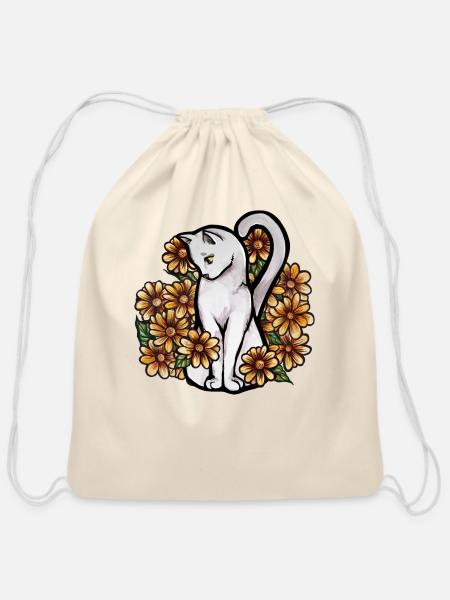 White Cat - Cotton Drawstring Bag - natural