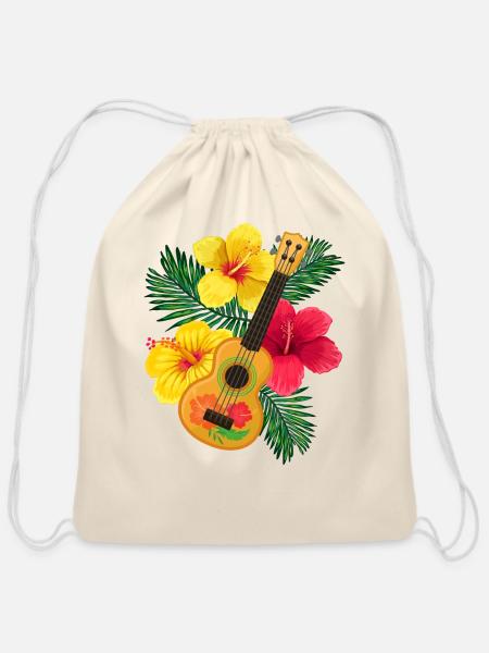 Hawaii Ukulele and Hibiscus Flowers Summer - Cotton Drawstring Bag - natural