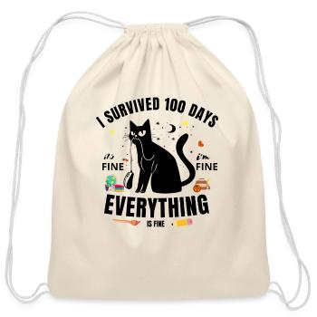 Happy 100th Day of School Funny Black Cat - Cotton Drawstring Bag - natural - Front