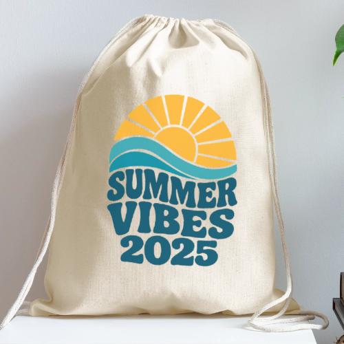 Summer Vibes 2025 Retro Sunset T-Shirt | Fun Beach - Cotton Drawstring Bag