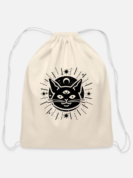 Black Cat - Cotton Drawstring Bag - natural