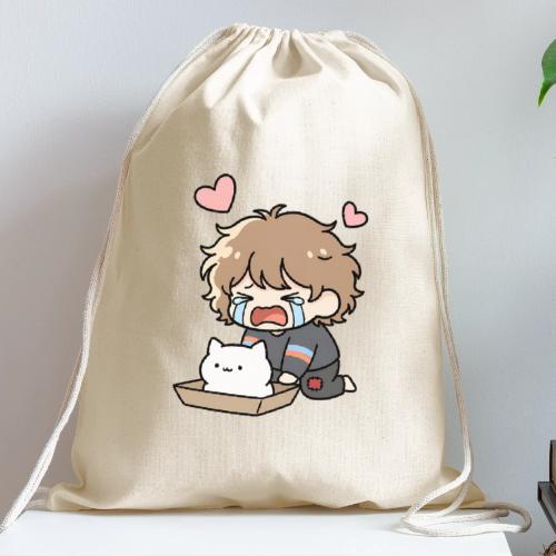 Crying Chibi Boy with Stray Cat - Cotton Drawstring Bag