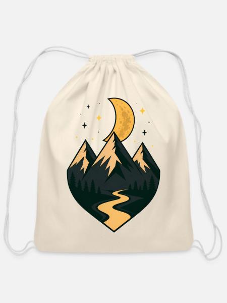 Beneath the Moonlit Peaks - Cotton Drawstring Bag - natural
