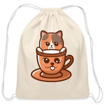 Calico Cat and Silly Cat Face Coffee Cup - Cotton Drawstring Bag - natural - Front