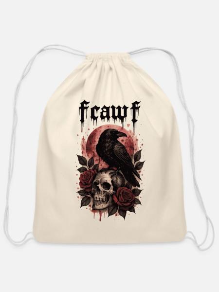 f caw f Gothic Raven Skull Floral - Cotton Drawstring Bag - natural