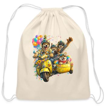 Puptastic Parade on Yellow Scooter - Cotton Drawstring Bag - natural - Front