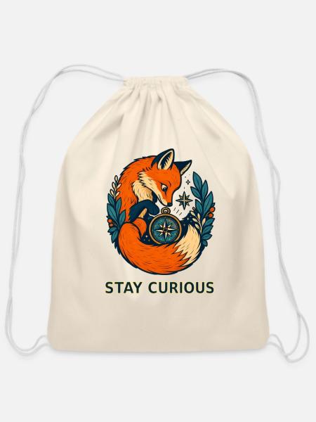 Stay Curious Fox Compass - Cotton Drawstring Bag - natural