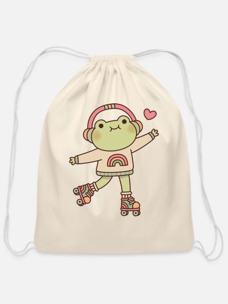 Cute Frog With Headphones And Roller Skates - Cotton Drawstring Bag - natural
