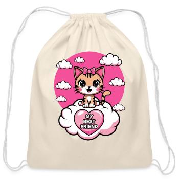 Tabby Cat My Best Friend Pink Sky Heart Clouds - Cotton Drawstring Bag - natural - Front
