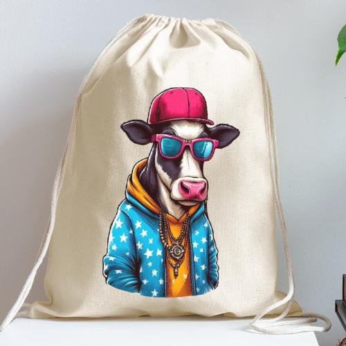 Gangster Cow Wearing a Cap - Cotton Drawstring Bag