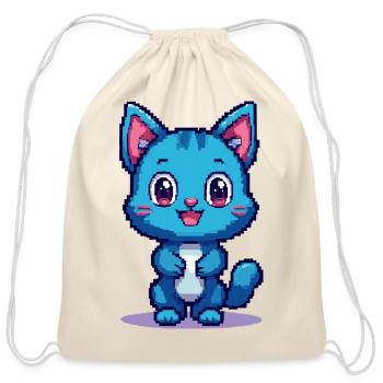 Charming Pixel Blue Kitten - Pixelated Cute Cat - Cotton Drawstring Bag - natural - Front