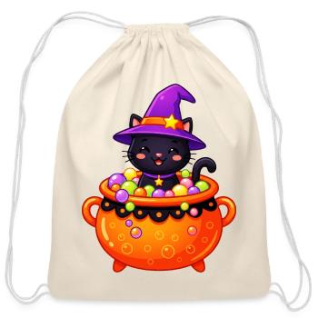 Whiskered Witch in Cauldron - Cotton Drawstring Bag - natural - Front