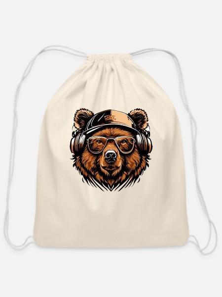 Brown bear with headphones and basecap - Cotton Drawstring Bag - natural