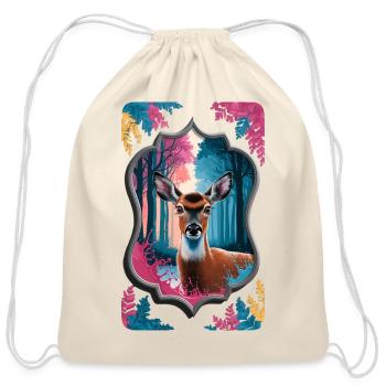 Deer in the forest framed mirror rounded - Cotton Drawstring Bag - natural - Front