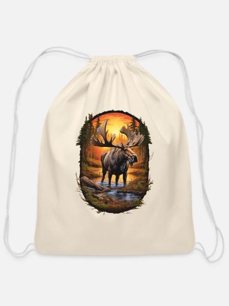 Moose Grazing in the River - Cotton Drawstring Bag - natural