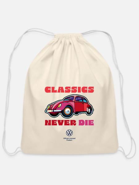 Volkswagen VW Red Beetle With Logo And Lettering - Cotton Drawstring Bag - natural