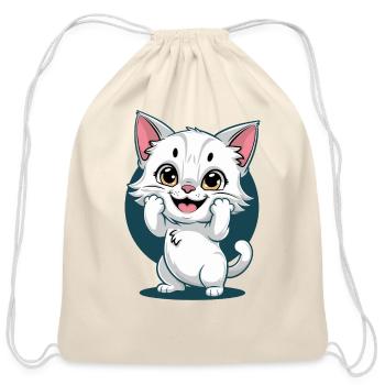 Cute White Happy Surprise Cat - Cotton Drawstring Bag - natural - Front