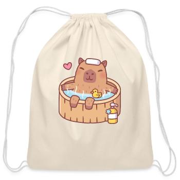 Cute Capybara And Ducky Relaxing In Hot Bath - Cotton Drawstring Bag - natural - Front