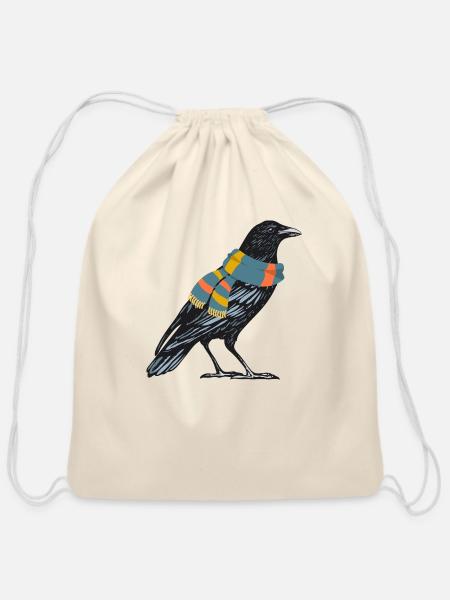 Crow with a scarf - Cotton Drawstring Bag - natural