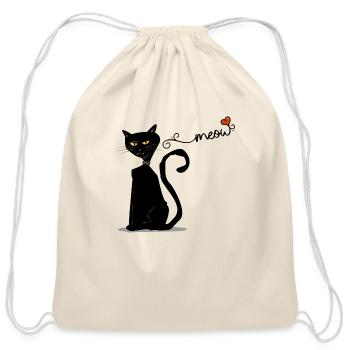 black cat meow - Cotton Drawstring Bag - natural - Front