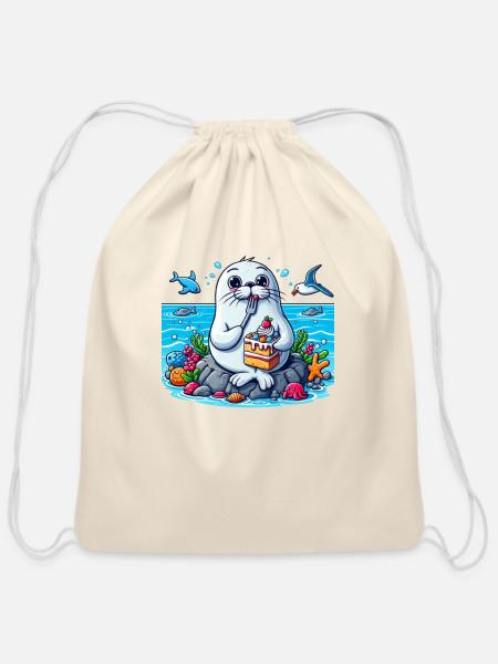 Seals eating cake - Cotton Drawstring Bag - natural
