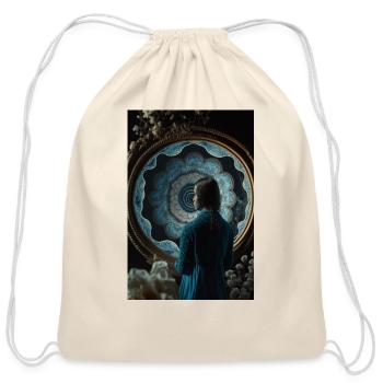 A woman in a blue dress standing in front a mirror - Cotton Drawstring Bag - natural - Front