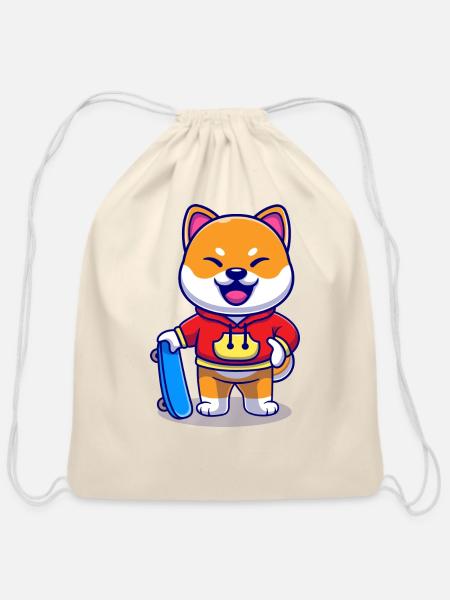Cool Shiba Inu Dog With Skateboard Cartoon - Cotton Drawstring Bag - natural