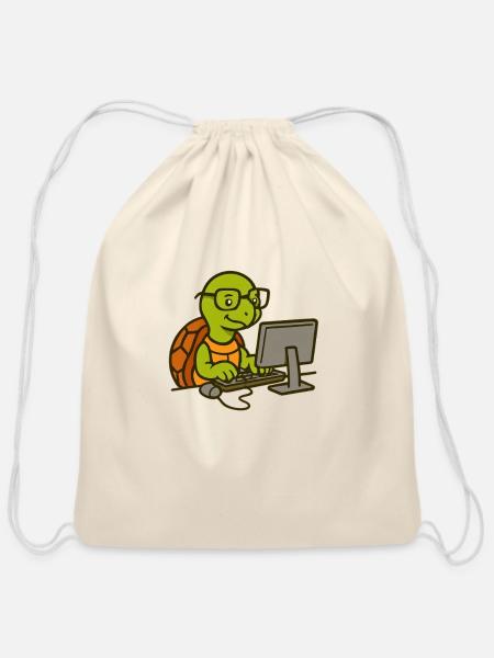 Geeky Turtle at the PC - Cotton Drawstring Bag - natural