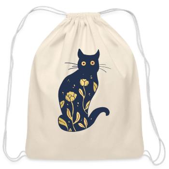 Dark Blue And Gold Cat - Cotton Drawstring Bag - natural - Front