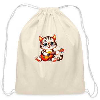 Cute Tabby Cat with Guitar - Cotton Drawstring Bag - natural - Front