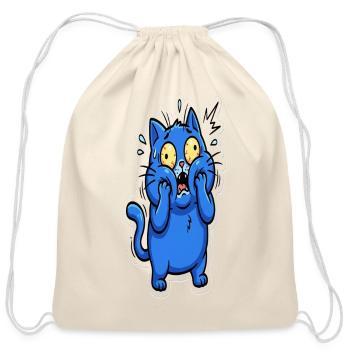 Freaked Out Cat | Funny Scared Blue Cat Panic Cart - Cotton Drawstring Bag - natural - Front