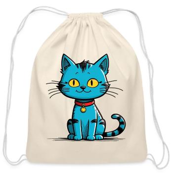 Cute Blue Cat wearing Collar - Cotton Drawstring Bag - natural - Front