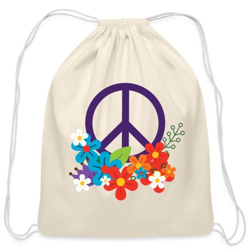 Hippie Peace Design With Flowers - Cotton Drawstring Bag