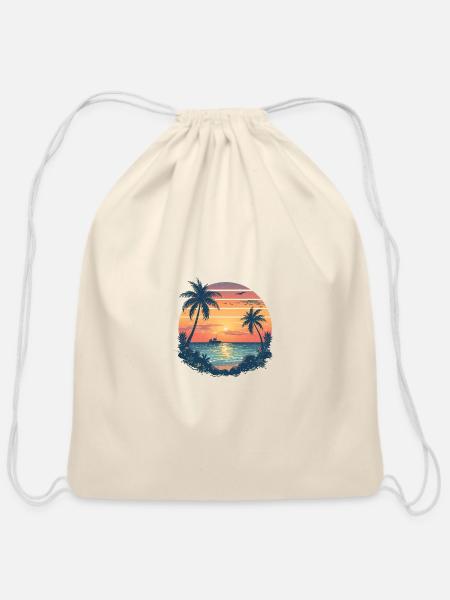 Sunset Ocean Scene with Palm Trees - Cotton Drawstring Bag - natural