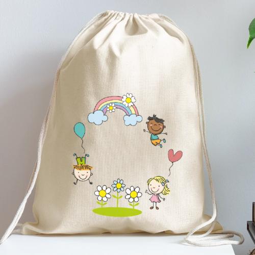 Children of the Earth with Rainbow Flowers Balloon - Cotton Drawstring Bag