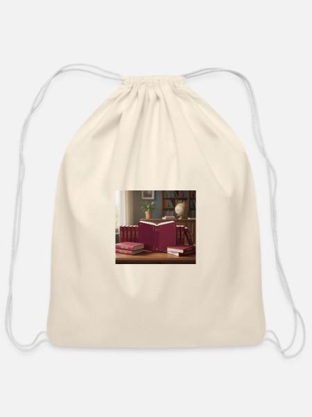 Burgundy Library Book Stack - Cotton Drawstring Bag - natural