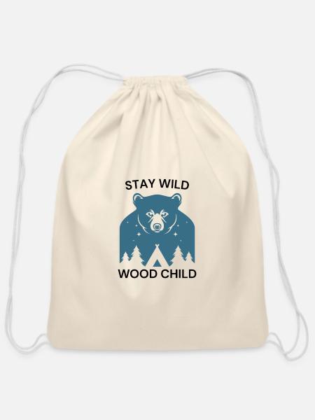 Bear Camping Silhouette Under Pines - Cotton Drawstring Bag - natural