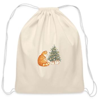 Festive Orange Tabby Cat by Christmas Tree - Cotton Drawstring Bag - natural - Front