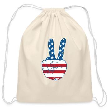 American Flag Peace Sign Hand, Fourth of July, 4th - Cotton Drawstring Bag - natural - Front