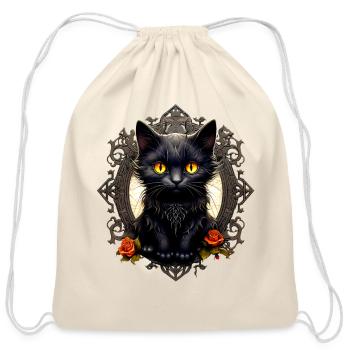 Vintage Scary Halloween Black Cat and Mirror - Cotton Drawstring Bag - natural - Front