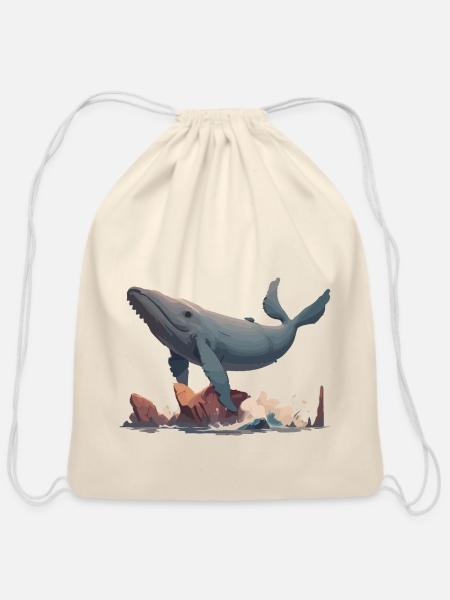 Flying Whale - Cotton Drawstring Bag - natural