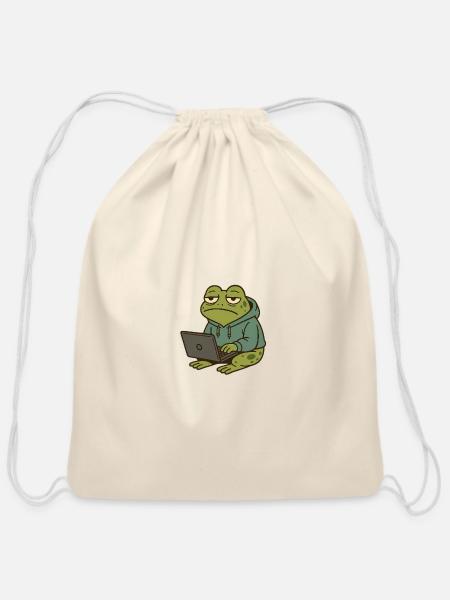 Tired Frog Working on Laptop - Cotton Drawstring Bag - natural