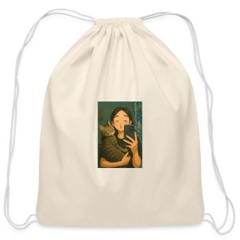 Kissy Cat Mirror Selfie Design - Cotton Drawstring Bag - natural - Front