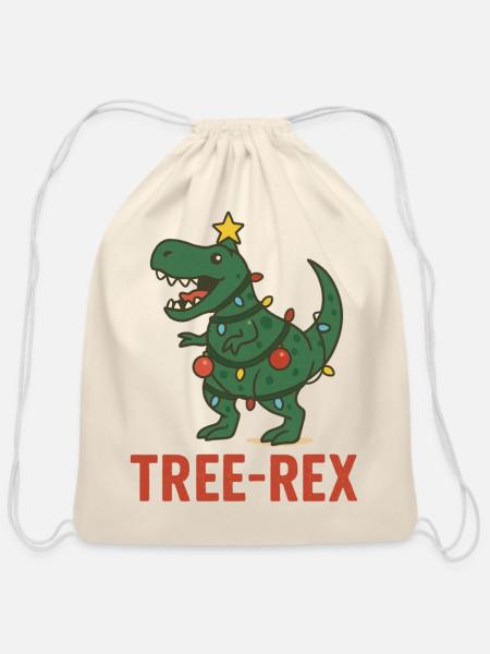 Tree-Rex Christmas Dino - Cotton Drawstring Bag - natural