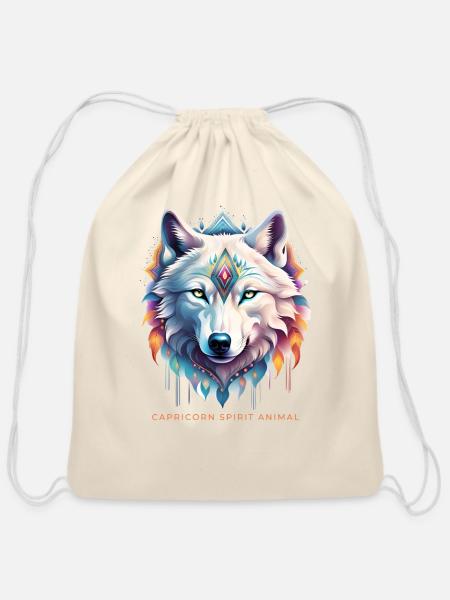 Capricorn Spirit Animal Wolf Face Alebrije Female - Cotton Drawstring Bag - natural